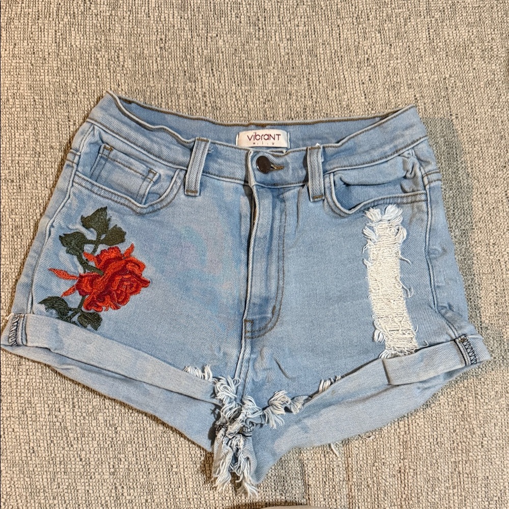 Vibrant MIU high rise Light Blue Jean fringe rolled cuff Shorts Rose Embroidery